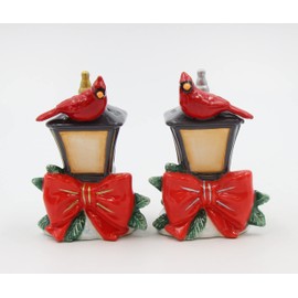 Fine Ceramic Christmas Red Cardinal & Lamp Post Salt 7 Pepper Shakers Set, 3-5/8" H