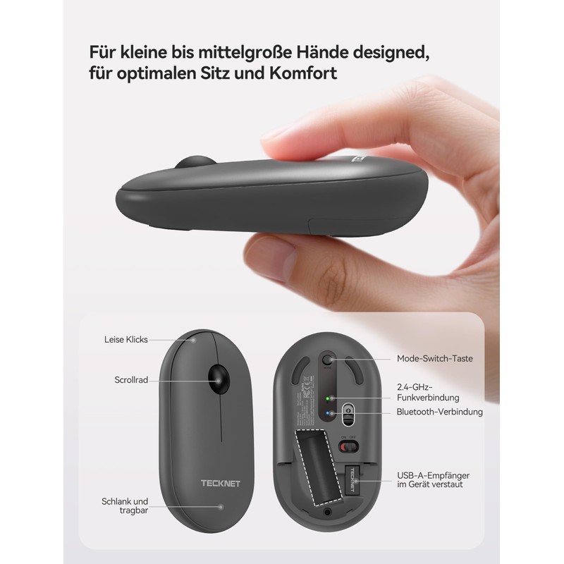 TECKNET Wireless Bluetooth Mouse Grey