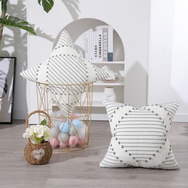 decorUhome Boho Cushion Covers 50x50cm Set of 2, Grey and Cream White Pillow Cases 20X20 inch, Farmhouse Decorative Pillow Covers for Couch Sofa Living Room