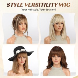 KKU 14 Inch Ombre Ash Blonde Layered Straight Human Hair Wig with Bangs, Human Hair Wigs for Women, Wear Natural Realism for Daily Use