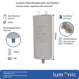 Lumonic Starting Capacitor with Plug 6.3 x 0.8 mm I 65µF 450V I 50 x 110 mm I 65uF I Motor Capacitor with Plastic Housing I Operating Capacitor I for Pum