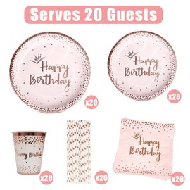 Bymivofun Pack of 100 Rose Gold Birthday Tableware, for 20 Guests, Happy Birthday Party Supplies Made of Paper for Girls Women Birthday Theme Party Shower Decoration