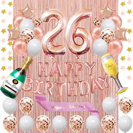 Fancypartyshop 26th Birthday Decorations - Rose Gold Happy Birthday Banner and Sash with Number 26 Balloons Latex Confetti Balloons Ideal for Girl and Women 26 Years Old Birthday Rose Gold