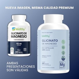 Wellthy Glicinato Magnesio 400 Cápsulas 432mg 100 Natural Puro Alta Absorción Veganas