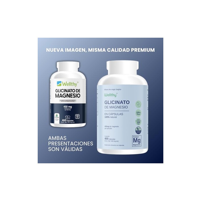 Wellthy Glicinato Magnesio 400 Cápsulas 432mg 100 Natural Puro Alta