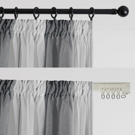 MRTREES Curtains with Ruffle Tape, Short Grey and White, Set of 2, 145 x 140 cm Curtains with Linen Look, Semi-Transparent Curtains, Stripes