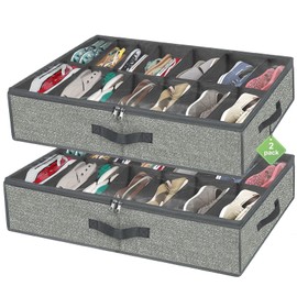28 Pairs Shoe Organizer Under Bed, Underbed Shoe Storage Boxes Bins, Organizador De Zapatos, Extra Large Zapateras Organizer, Grey, Set of 2