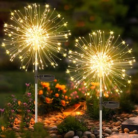 Redefun Solar Fireworks Lights 2 Pack 120 LEDs Solar Garden Outdoor Lights, 8 Modes Tall Sparkler Yard Light Waterproof Dandelion String Light for Outside Patio Pathway Decorations - Warm White