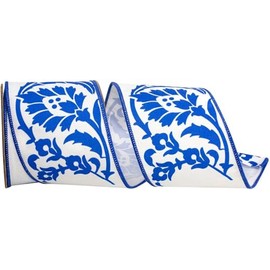 JAM PAPER Royal Blue/White Mantra Floral 4 Inch x 5 Yards Chinoiserie Deluxe Wired Edge Ribbon