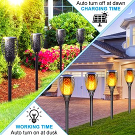 LazyBuddy 4 Pack Solar Tiki Torch Lights Outdoor Waterproof - Realistic Flickering Flame Fire Effect, 3-in-1 Hanging Lantern with Detachable Hook - Auto On/Off for Patio, Garden, Yard, Pathway Decor