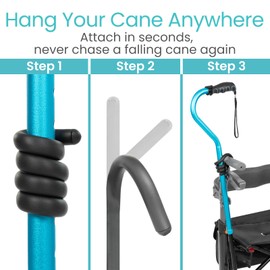 Vive Bendable Cane Holder 4 Pack - Flexible Walking Stick Stand for Table - Fixation Grabber Hook Attaches on Walker, Rollator, Mobility Scooter, Wheelchair-Accessory to Hang & Hold Items Within Reach