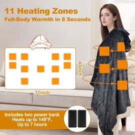 Safeeze Portable Heated Blanket 71" × 43", Includes 2 Portable 20000mAh 7.4V Power Banks, 11 Heating Zones, 3 Heat Settings, 1–6H Timer, Machine Washable, with Laundry Bag, Waist Belt & Backpack