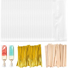 OFKPO 100 Ice Lolly Bags and Sticks, with 150 Twist Tie, Ice Popsicle Bag Set for Ice Cream, Candy, Cakes, Desserts