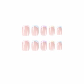MISUD 24 pcs Short Square Press on Nails Spring Squoval Fake Nails Glossy Glue on Nails Summer Artificial Nails Colorful French Tip Acrylic Nails Cute Stick on False Nails with Design
