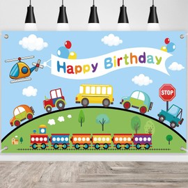 Happy Birthday Backdrop Banner,Transportation Happy Birthday Decorations Backdrop,Car Train Airplane Bus Happy Bithday Banner Decorations,Birthday Party Decorations Supplies for Kids,110 * 180cm