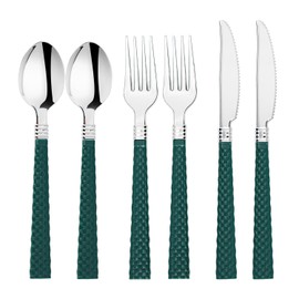 N9R 90pcs Silver and Green Disposable Silverware Set, Elegant Plastic Silverware with Green Handle Include 30 Forks, 30 Spoons, 30 Knives,Ideal for Christmas, Wedding, Party and Daily Use