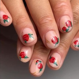 LBPEPAMZ Valentine Press on Nails Short Square Fake Nails Rose with Gold Line Designs Red Flower Full Cover Acrylic False Nails Romantic Floral Pink Nude Glossy Glue on Nails for Women 24Pcs