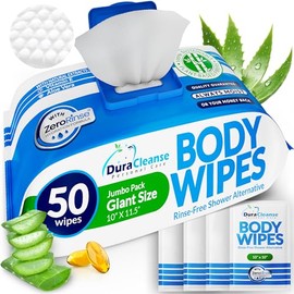Dura Cleanse Toallitas Corporales XL para Adultos – Baño Sin Enjuague, 50 Unidades + 4 Hojas de Ducha de Viaje, Paños Desechables Gruesos de 10" x 11.5" para Ancianos, Hombres y Mujeres, Camping