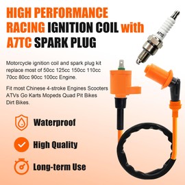 CQSPMOTO High Performance GY6 Racing Ignition Coil A7TC Electrode Spark Plug for 50cc 125cc 150cc Moped Scooter Chinese ATV Go Kart Pit Dirt Bike Engine Parts Taotao Motorcycle SSR 125 Ignition Coil