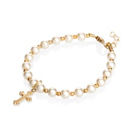 Christening 14KT Gold-Filled Beads with Cream European Simulated Pearls and Cross Charm Luxury Unisex Baby Bracelet (BGC_M+)