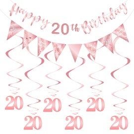 BRT Bearingshui 20th Birthday Decoration Kit - Rose Gold 20th Birthday Banner, Triangle Flag, Swirls Streamers