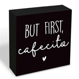 Coffee Desk Sign, Shelf Decor, Decorative Wooden Table Signs, Coffees Decor Art, Coffees Decoration for Home Bar Cafe, Kitchen Coffee Decor Signs 5.7x5.7 inches, But First Cafecito Sign