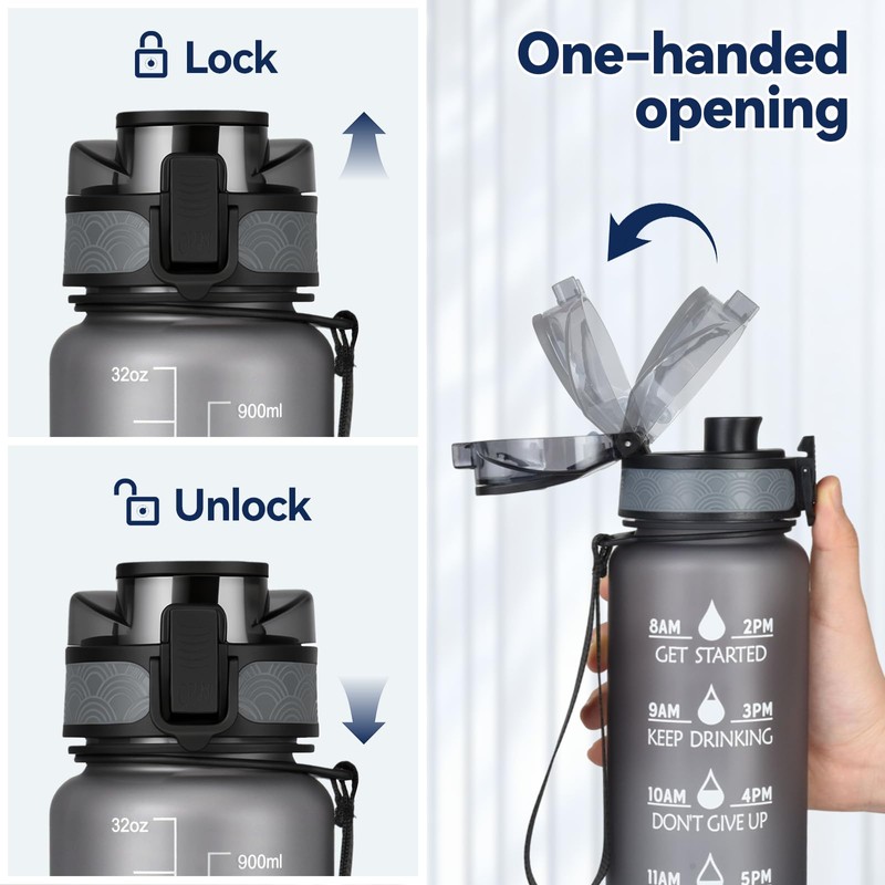 UTEBIT Gray Water Bottle 32oz, Motivational and Leak-Proof Water Cup