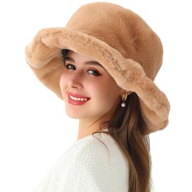 LA CARRIE Women's Snakeskin Print Faux Fur Bucket Hat Winter Warmer Fisherman Cap (Dark Camel)
