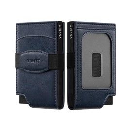 VULKIT Pop Up Card Wallet with Money Strap Leather Front Pocket Credit Card Holder RFID Blocking with ID Window Metal Wallets for Men, Navy Blue