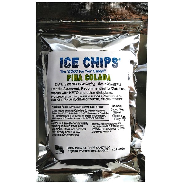 ICE CHIPS Xylitol Candy in Large 5.28 oz Resealable Pouch; Low Carb & Gluten Free (Pina Colada)
