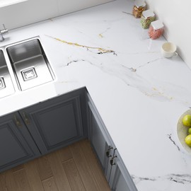 VEELIKE Glossy Gold White Marble Contact Paper for Countertops Waterproof Peel and Stick Countertops White Marble Wallpaper 15.7''x118'' Self Adhesive Vinyl Counter Top Wrap for Kitchen Bathroom Desk