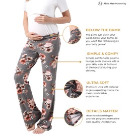 Alina Mae Maternity Women Pajama Pant Stretchy Comfy Wide Soft Palazzo Elastic Pregnancy Lounge Casual PJs (Grey Floral, 4-6)