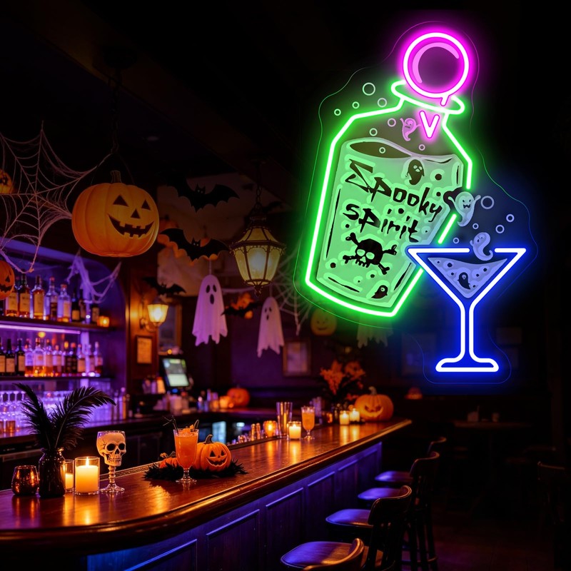 Halloween Cocktail Neon Sign, Spooky Spirits Home Bar & Party