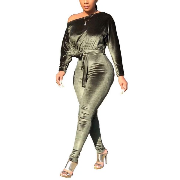 LKOUS Women Velvet Off Shoulder Jumpsuit Long Sleeve Bodycon Pants