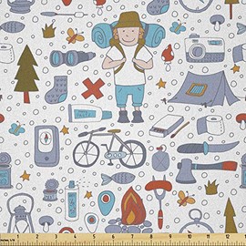 Lunarable Camping Fabric by The Yard, Spending Time in The Nature Pattern Wildlands Activities Trekker with Sleeping Bag, Microfiber Fabric for Arts and Crafts Textiles & Decor, 2 Yards, Blue Re