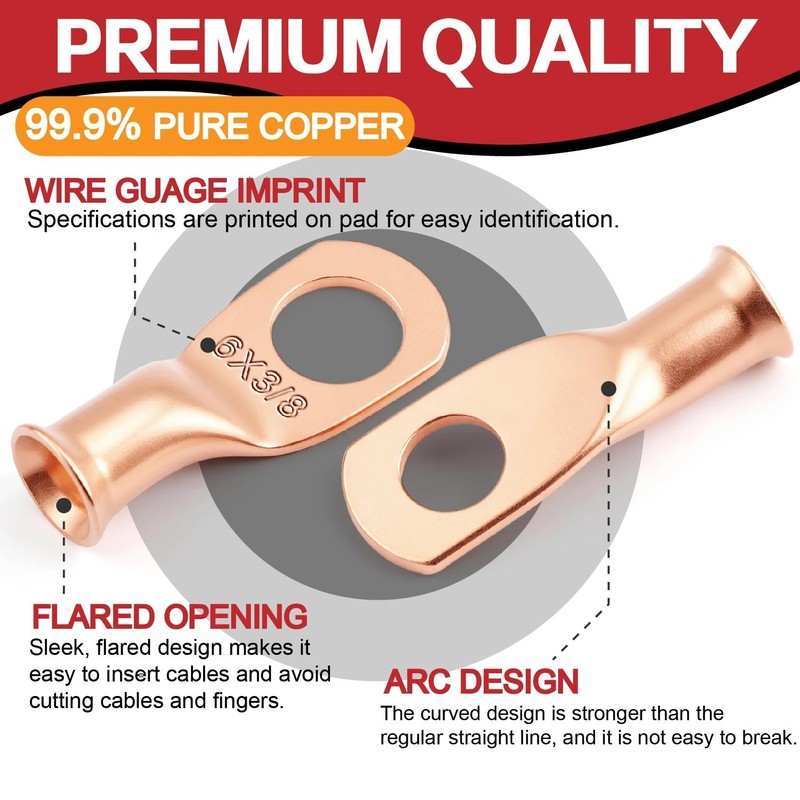 20 PCS AWG 6 Gauge 5/16 3/8 Copper Wire Lugs