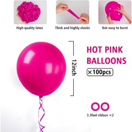 BAUANOOY 100pcs Hot Pink Balloons 12 inch, Bright Pink Latex Balloons with Pink Ribbon for Birthday Wedding Engagement Bridal Bachelorette Tropical Party Decorations