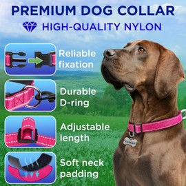 TECEUM Reflective Pet Collar – Hot Pink – S – Extra Soft Padding – Basic Nylon Dog Collar – Quick Release Buckle – Fits Small, Medium and Large Dogs, Puppies, Cats – ESA & Service Dog Options