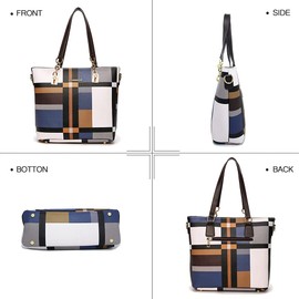 Bolso de mano para mujer de piel sintética a cuadros con asa superior, Azul / Patchwork, Talla unica