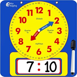 Gran reloj de demostración magnético de pizarra seca para enseñanza, reloj de aprendizaje de la hora para niños para tiempo analógico y digital, manecillas de minutos y horas etiquetadas, para aulas