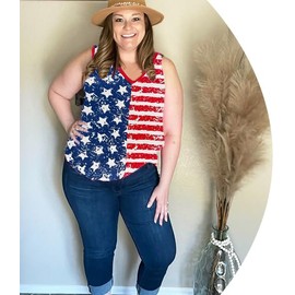 ShinyU Plus Size Tank Tops for Women American Flag Shirts 4th of July Flag Tshirts Patchwork Vneck Sleeveless Camisole Summer Tees Patriotic Tunics XL 14W 16W