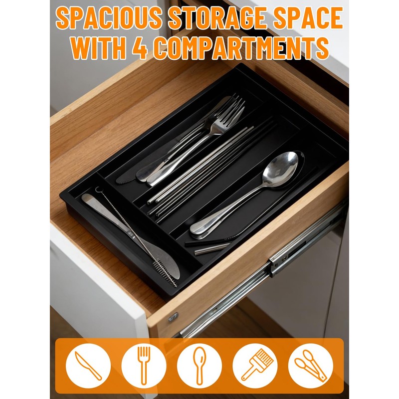 Kunoli Cutlery Organiser, Expandable Cutlery Tray (Black)
