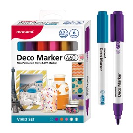 MONAMI Deco Marker 460 Bullet Tip (2.0mm) Water Based Acrylic Paint Markers for Home Decorations Arts Crafts Vivid 6 Pack (Peacock Blue, Purple, Orange, Pink, Gold, Silver)
