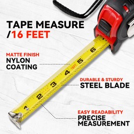 Universal Sturdy Steel Blade Tape Measure: 16 ft. Reel with 1/16 inch Markings and Push Button Locking Mechanism