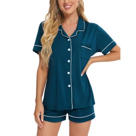 SWOMOG Womens Button Down pyjamas Set Short Sleeve Sleepwear Bride Soft Pj Lounge Sets XS-3XL Oxford Blue Piping Trim Medium