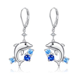 Dolphin Earrings for Women 925 Sterling Silver Dolphin Ocean Wave Drop Earrings with Zircon Ocean Animal Jewelry Gift for Women