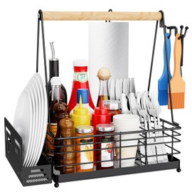 JBBTOOL Grill Caddy, BBQ Caddy for Outdoor Grill, Picnic CondimentCaddy with Paper Towel Holder, Barbecue Camping Accessories for Outdoor Kitchen, RV Patio, Tailgate Essentials, Grilling Gifts for Men