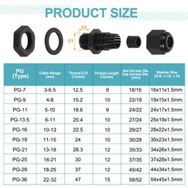 uxcell 5Pcs PG11 Nylon Cable Glands, Waterproof Cord Grip Connector with Washer, Adjustable 5-10mm Wire Grommet Protectors with Gaskets and Locknut for Junction Box, Black