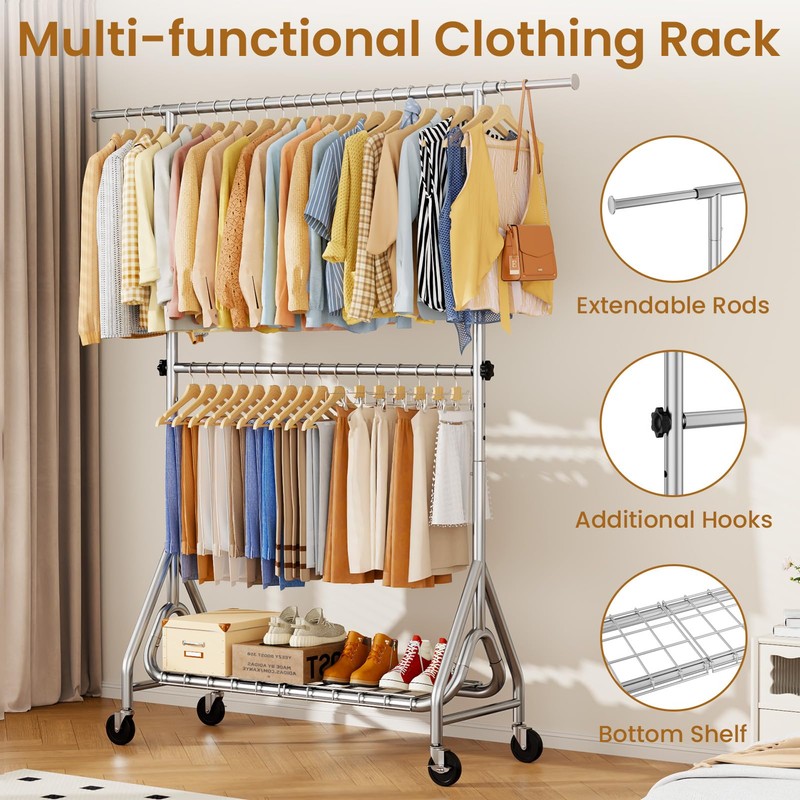 JIEJIERUI Heavy Duty Clothes Rack for Hanging Clothes, Double Rods