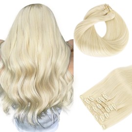 Clip in Hair Extensions, hotbanana Platinum Blonde Clip in Hair Extensions Real Human Hair Straight Remy Hair Clip in Hair Extensions 16 inch 120g 7pcs